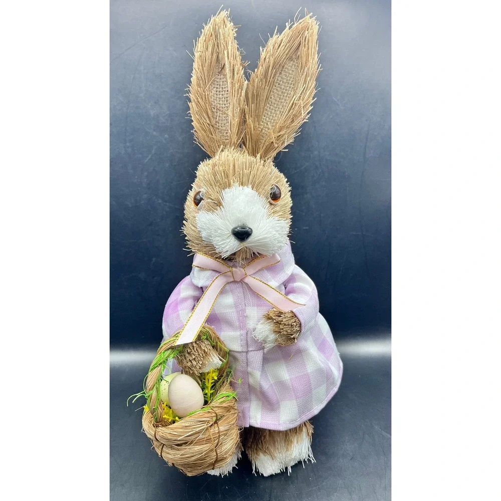 Easter Bunny‎ Figurine Sisal Straw Rabbit Lavender Gingham Dress Basket 12